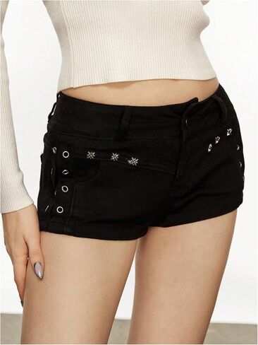 شورت نسائي من GORGLITTER Y2k Punk Grommet Eyelet قصير من قماش الدنيم منخفض الارتفاع Rave Club Jean قيعان Jorts ملابس الشارع in Kuwait