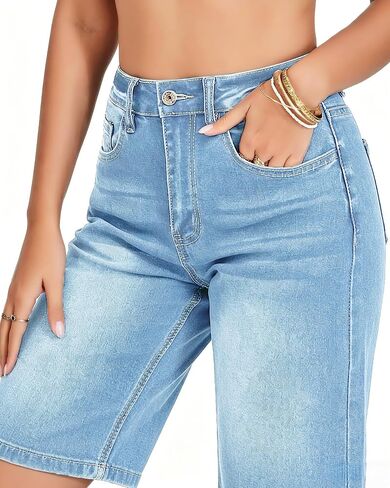 Jean Bermuda Shorts for Women Trendy Mid Rise Knee Length Stretchy Denim Long Shorts Summer Casual Jorts in Kuwait