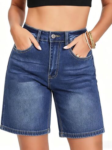 Jean Bermuda Shorts for Women Trendy Mid Rise Knee Length Stretchy Denim Long Shorts Summer Casual Jorts in Kuwait
