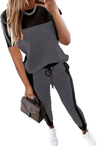 HBQ Women's Color Block 2 Piece Outfits Summer Travel Tracksuit Short Sleeve Tops High Waisted Jogger Pants Lounge Sets in Kuwait