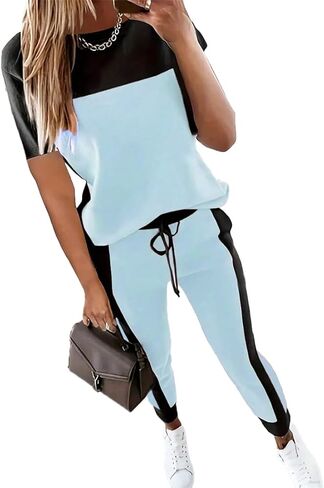 HBQ Women's Color Block 2 Piece Outfits Summer Travel Tracksuit Short Sleeve Tops High Waisted Jogger Pants Lounge Sets in Kuwait