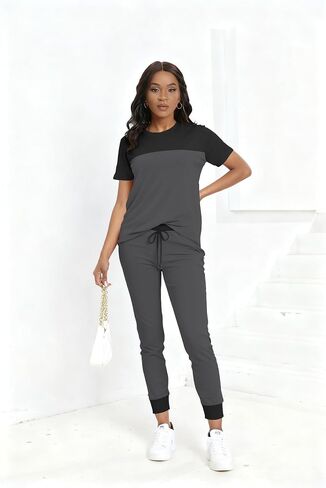 HBQ Women's Color Block 2 Piece Outfits Summer Travel Tracksuit Short Sleeve Tops High Waisted Jogger Pants Lounge Sets in Kuwait