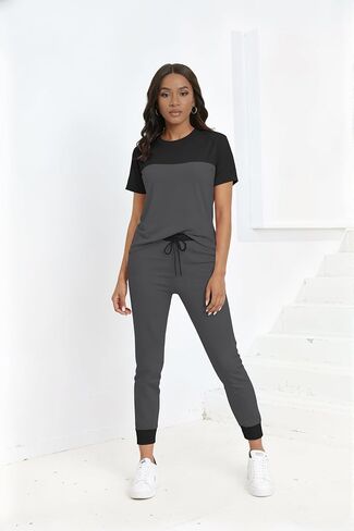 HBQ Women's Color Block 2 Piece Outfits Summer Travel Tracksuit Short Sleeve Tops High Waisted Jogger Pants Lounge Sets in Kuwait