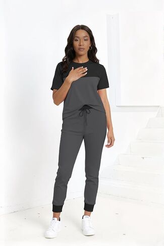 HBQ Women's Color Block 2 Piece Outfits Summer Travel Tracksuit Short Sleeve Tops High Waisted Jogger Pants Lounge Sets in Kuwait