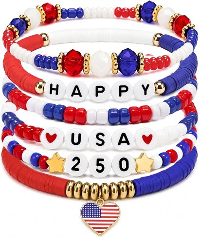 4th of July Bracelets for Women Men, Red White and Blue Bracelets - Happy USA 250 Anniversary Accessories, Patriotic Party Favors Bracelet Gifts for Girl Boy, Bead Stackable Stretchy Bracelet Jewelry in Saudi Arabia