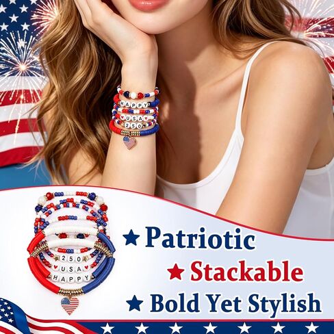 4th of July Bracelets for Women Men, Red White and Blue Bracelets - Happy USA 250 Anniversary Accessories, Patriotic Party Favors Bracelet Gifts for Girl Boy, Bead Stackable Stretchy Bracelet Jewelry in Saudi Arabia