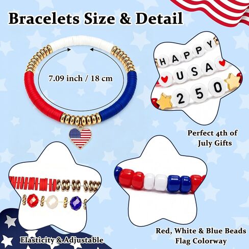 4th of July Bracelets for Women Men, Red White and Blue Bracelets - Happy USA 250 Anniversary Accessories, Patriotic Party Favors Bracelet Gifts for Girl Boy, Bead Stackable Stretchy Bracelet Jewelry in Saudi Arabia