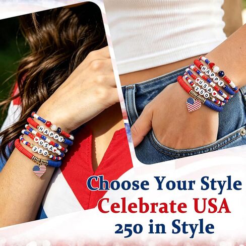4th of July Bracelets for Women Men, Red White and Blue Bracelets - Happy USA 250 Anniversary Accessories, Patriotic Party Favors Bracelet Gifts for Girl Boy, Bead Stackable Stretchy Bracelet Jewelry in Saudi Arabia