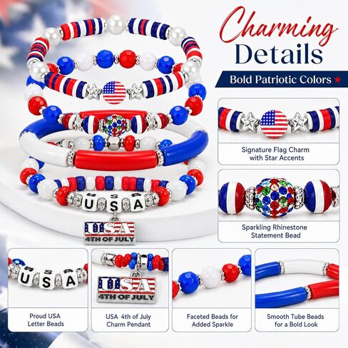 250 Anniversary USA Merchandise Beaded Bracelets for Women - USA 250th Anniversary Stackable Clay Bead Bracelet Set, Red White and Blue 4th of July Accessories Patriotic Jewelry in Kuwait