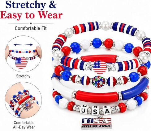 250 Anniversary USA Merchandise Beaded Bracelets for Women - USA 250th Anniversary Stackable Clay Bead Bracelet Set, Red White and Blue 4th of July Accessories Patriotic Jewelry in Kuwait