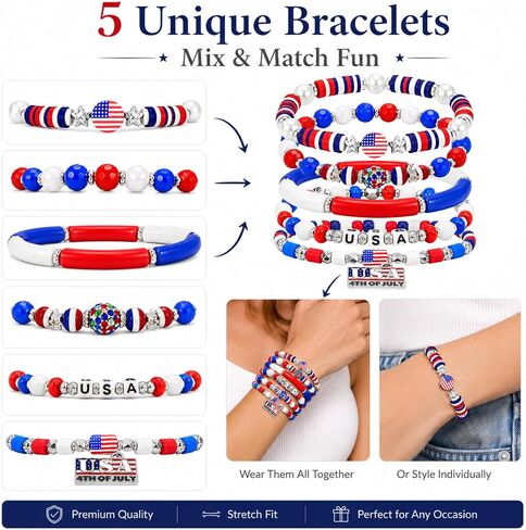 250 Anniversary USA Merchandise Beaded Bracelets for Women - USA 250th Anniversary Stackable Clay Bead Bracelet Set, Red White and Blue 4th of July Accessories Patriotic Jewelry in Kuwait