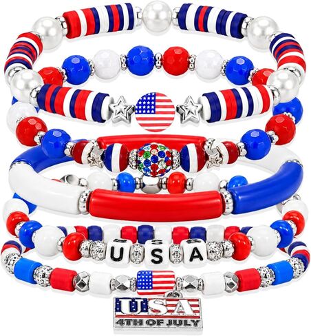 250 Anniversary USA Merchandise Beaded Bracelets for Women - USA 250th Anniversary Stackable Clay Bead Bracelet Set, Red White and Blue 4th of July Accessories Patriotic Jewelry in Saudi Arabia
