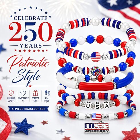 250 Anniversary USA Merchandise Beaded Bracelets for Women - USA 250th Anniversary Stackable Clay Bead Bracelet Set, Red White and Blue 4th of July Accessories Patriotic Jewelry in Kuwait