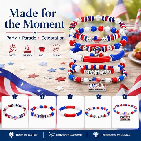 250 Anniversary USA Merchandise Beaded Bracelets for Women - USA 250th Anniversary Stackable Clay Bead Bracelet Set, Red White and Blue 4th of July Accessories Patriotic Jewelry in Kuwait