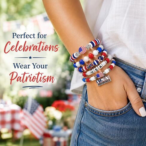 250 Anniversary USA Merchandise Beaded Bracelets for Women - USA 250th Anniversary Stackable Clay Bead Bracelet Set, Red White and Blue 4th of July Accessories Patriotic Jewelry in Kuwait