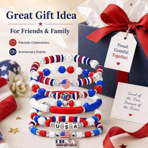 250 Anniversary USA Merchandise Beaded Bracelets for Women - USA 250th Anniversary Stackable Clay Bead Bracelet Set, Red White and Blue 4th of July Accessories Patriotic Jewelry in Kuwait