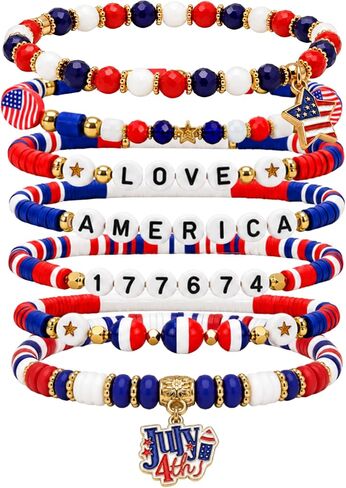 250 Anniversary USA Merchandise Beaded Bracelets for Women - USA 250th Anniversary Stackable Clay Bead Bracelet Set, Red White and Blue 4th of July Accessories Patriotic Jewelry in Kuwait