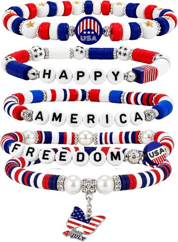 250 Anniversary USA Merchandise Beaded Bracelets for Women - USA 250th Anniversary Stackable Clay Bead Bracelet Set, Red White and Blue 4th of July Accessories Patriotic Jewelry in Kuwait