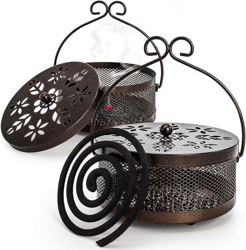 Elsjoy 2 Pack Metal Mosquito Coil Holders, Portable Mosquito Incense Burner with Lid and Handle for Indoor and Outdoor, Bronze in Kuwait