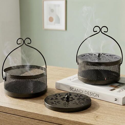 Elsjoy 2 Pack Metal Mosquito Coil Holders, Portable Mosquito Incense Burner with Lid and Handle for Indoor and Outdoor, Bronze in Kuwait