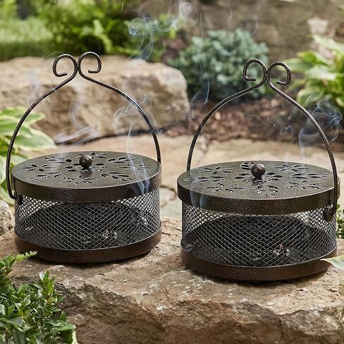 Elsjoy 2 Pack Metal Mosquito Coil Holders, Portable Mosquito Incense Burner with Lid and Handle for Indoor and Outdoor, Bronze in Kuwait