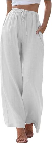 Aniywn Womens Summer Pants Lightweight Drawstring High Waisted Linen Pants Flowy Wide Leg Lounge Beach Trouser with Pockets in Saudi Arabia