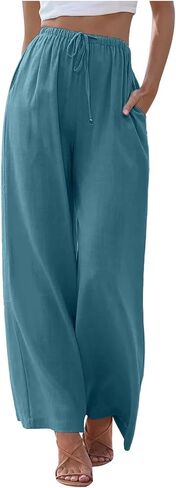 Aniywn Womens Summer Pants Lightweight Drawstring High Waisted Linen Pants Flowy Wide Leg Lounge Beach Trouser with Pockets in Saudi Arabia