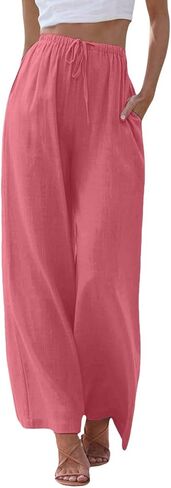 Aniywn Womens Summer Pants Lightweight Drawstring High Waisted Linen Pants Flowy Wide Leg Lounge Beach Trouser with Pockets in Saudi Arabia