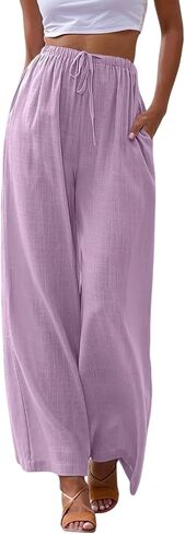 Aniywn Womens Summer Pants Lightweight Drawstring High Waisted Linen Pants Flowy Wide Leg Lounge Beach Trouser with Pockets in Saudi Arabia