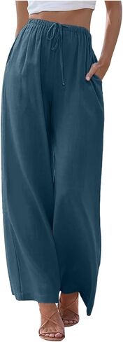 Aniywn Womens Summer Pants Lightweight Drawstring High Waisted Linen Pants Flowy Wide Leg Lounge Beach Trouser with Pockets in Saudi Arabia