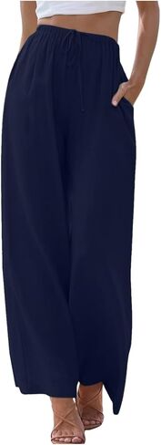 Aniywn Womens Summer Pants Lightweight Drawstring High Waisted Linen Pants Flowy Wide Leg Lounge Beach Trouser with Pockets in Saudi Arabia