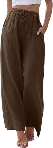 Aniywn Womens Summer Pants Lightweight Drawstring High Waisted Linen Pants Flowy Wide Leg Lounge Beach Trouser with Pockets in Saudi Arabia