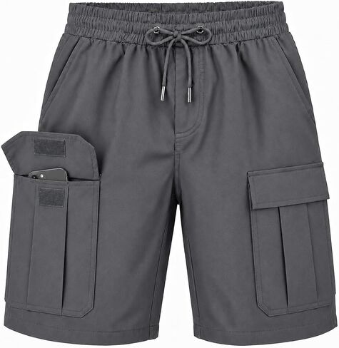Men's 5-Pocket Cargo Shorts Magic Tape Flaps Drawstring Waist Knee Length in Kuwait