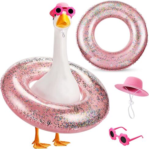 Summer Goose Outfit, Hawaiian Clothes with Hat, Glasses and Sequin Swimming Ring for 23 Inch Porch Goose, Funny Summer Geese Costume for Outdoor Garden Yard Decor(Rose Red) in Kuwait