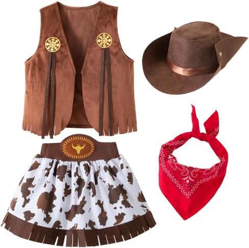 Cowgirl Dress Up Costume Set for Girls, Western Style Party Outfit with Hat, Vest, Bandana & Cow Print Skirt in Saudi Arabia