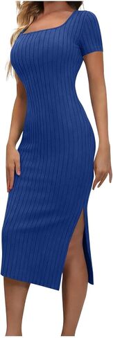Spring Summer Bodycon Dresses for Women Casual Ribbed Knit Short Sleeve Square Neck Cocktail Party Tshirt Midi Dress in Kuwait
