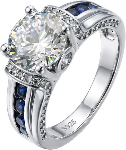 S925 Sterling Silver Engagement Ring for Women, Platinum Plated Round Cut Cubic Zirconia Wedding Band with Blue Sapphire Accents, Vintage Statement Jewelry in Saudi Arabia