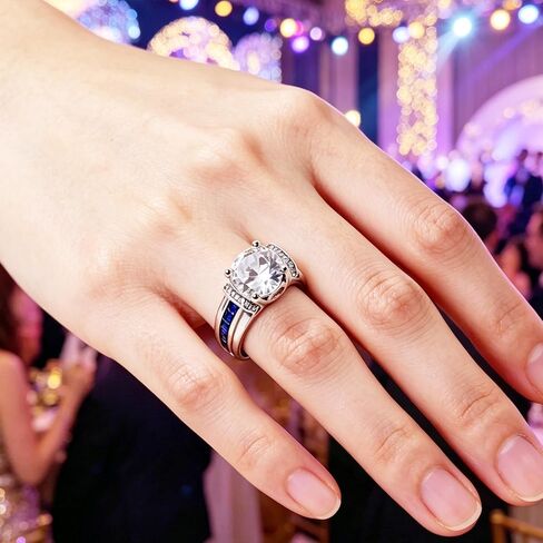 S925 Sterling Silver Engagement Ring for Women, Platinum Plated Round Cut Cubic Zirconia Wedding Band with Blue Sapphire Accents, Vintage Statement Jewelry in Saudi Arabia