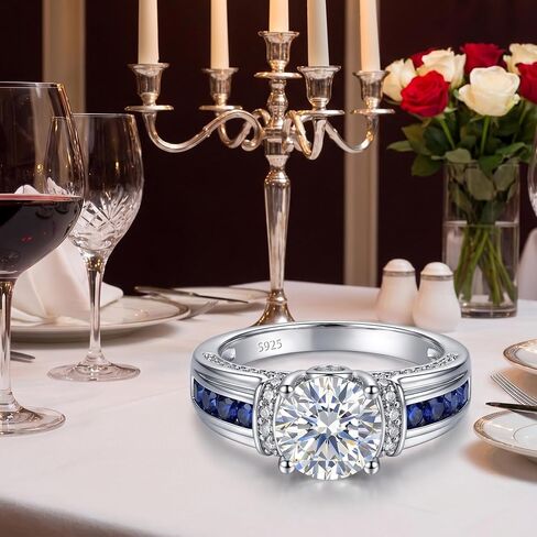 S925 Sterling Silver Engagement Ring for Women, Platinum Plated Round Cut Cubic Zirconia Wedding Band with Blue Sapphire Accents, Vintage Statement Jewelry in Saudi Arabia