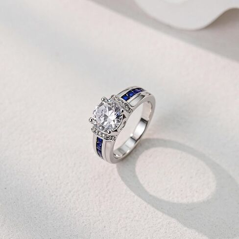 S925 Sterling Silver Engagement Ring for Women, Platinum Plated Round Cut Cubic Zirconia Wedding Band with Blue Sapphire Accents, Vintage Statement Jewelry in Saudi Arabia