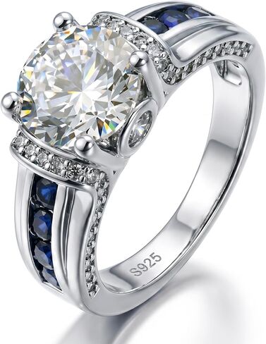 S925 Sterling Silver Engagement Ring for Women, Platinum Plated Round Cut Cubic Zirconia Wedding Band with Blue Sapphire Accents, Vintage Statement Jewelry in Saudi Arabia