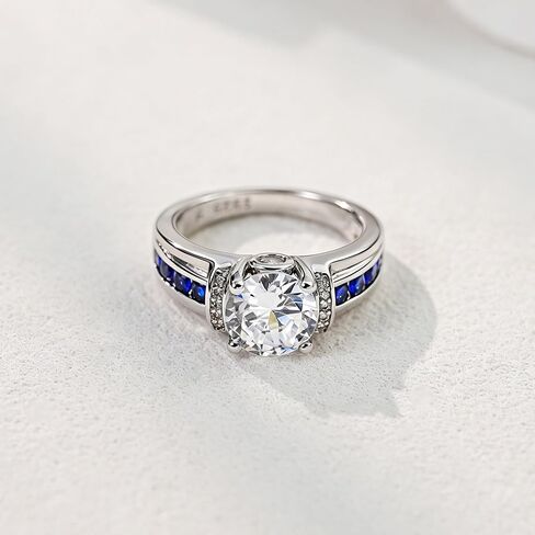 S925 Sterling Silver Engagement Ring for Women, Platinum Plated Round Cut Cubic Zirconia Wedding Band with Blue Sapphire Accents, Vintage Statement Jewelry in Saudi Arabia