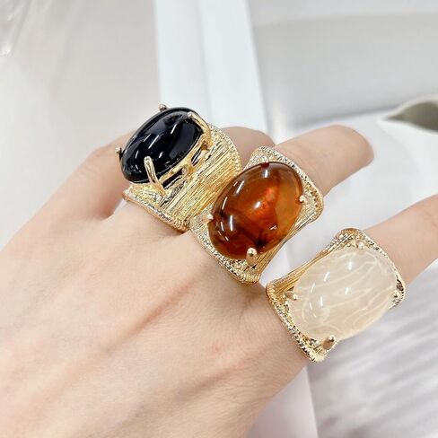 3PCS Chunky Oval Resin Gemstone Statement Wide Band Rings for Women Knuckle Large Geometric Aesthetic Thick Amber Exaggerated Finger Open Ring Stackable Trendy Summer Prom Party Costume Jewelry Gifts in Kuwait