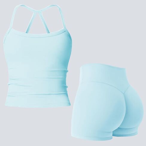 Workout Sets for Women 2 Piece Cross Back Tank Top High Waist Shorts Yoga Outfits Gym Tracksuit in Kuwait