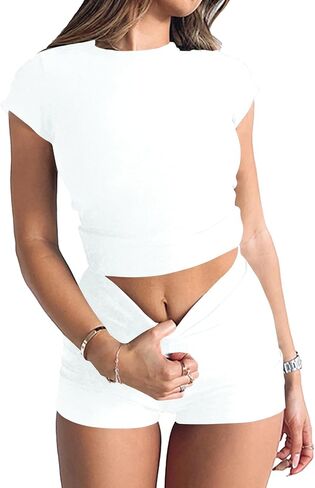 Womens 2 Piece Shorts Set Casual Comfy Cute Tracksuit Outfits Summer Slim Fitted Short Sleeve Tops in Kuwait