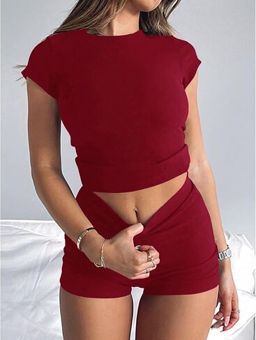 Womens 2 Piece Shorts Set Casual Comfy Cute Tracksuit Outfits Summer Slim Fitted Short Sleeve Tops in Kuwait