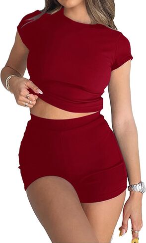 Womens 2 Piece Shorts Set Casual Comfy Cute Tracksuit Outfits Summer Slim Fitted Short Sleeve Tops in Kuwait