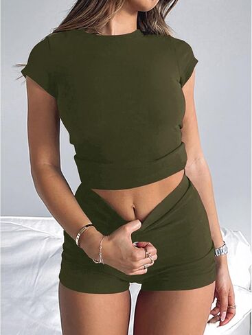 Womens 2 Piece Shorts Set Casual Comfy Cute Tracksuit Outfits Summer Slim Fitted Short Sleeve Tops in Kuwait