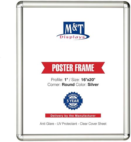 M&T Displays Snap Poster Frame 16x20 Inch Silver 1" Aluminum Profile Front Loading Wall Mounting Picture Photo Document Certificate Sign Holder Round Corner Anti Glare Cover in Saudi Arabia