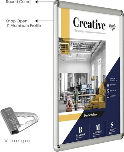 M&T Displays Snap Poster Frame 16x20 Inch Silver 1" Aluminum Profile Front Loading Wall Mounting Picture Photo Document Certificate Sign Holder Round Corner Anti Glare Cover in Saudi Arabia